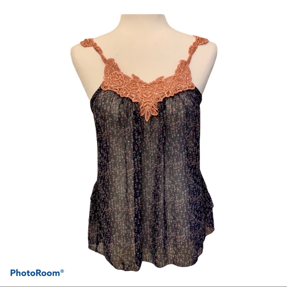 Solemio Navy Tank Small Flowers Lace Straps Sz S